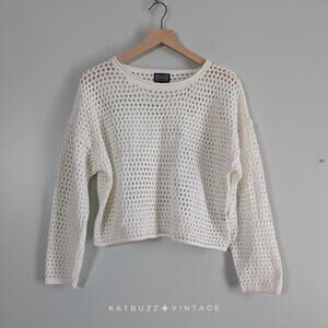 Open Knit Sweater L Off White Short Rolled Collar Boho Artsy Preppy Layering
